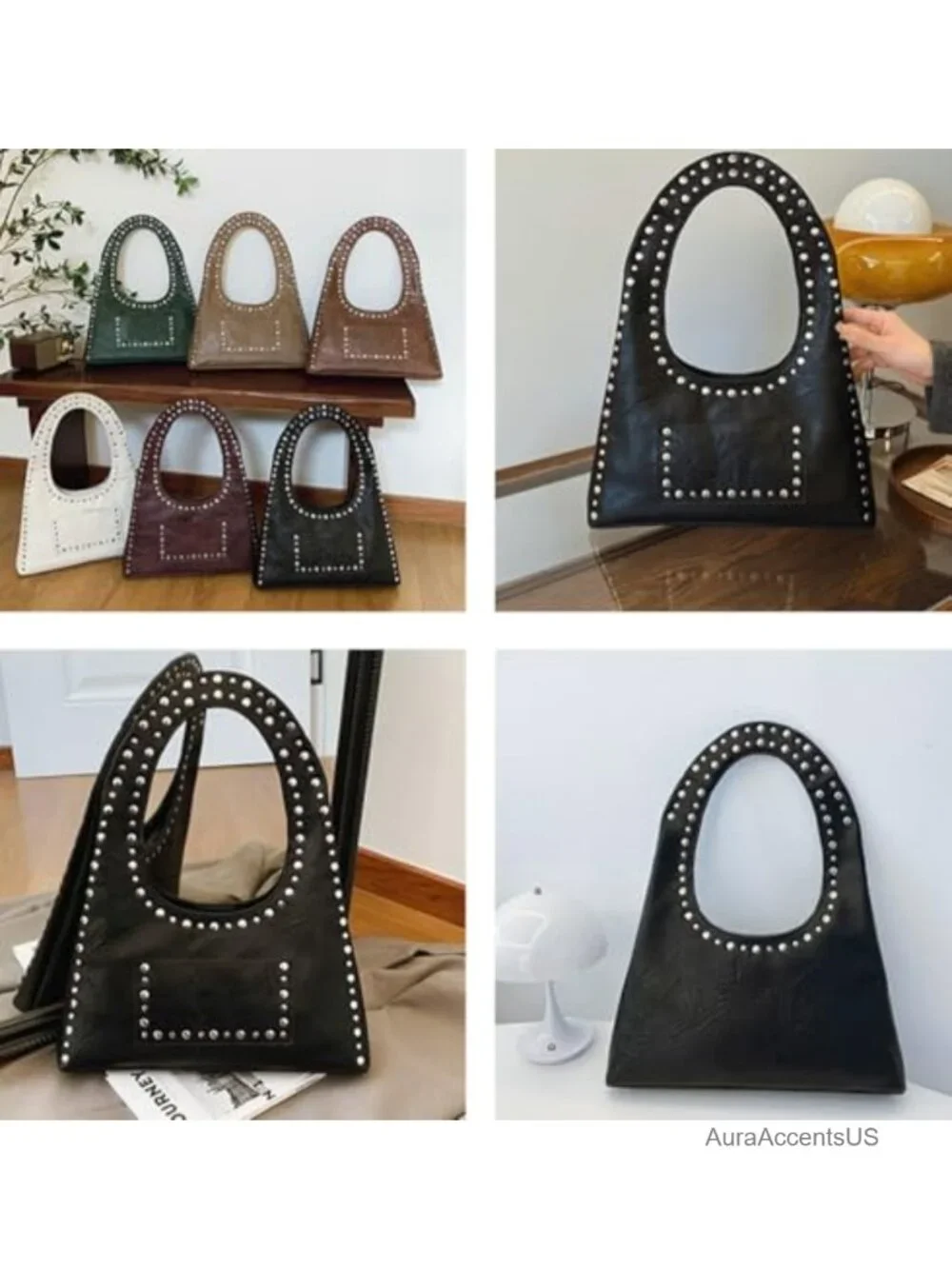 Faux Leather Hobo Bag Studded Punk Tote Shoulder Purse